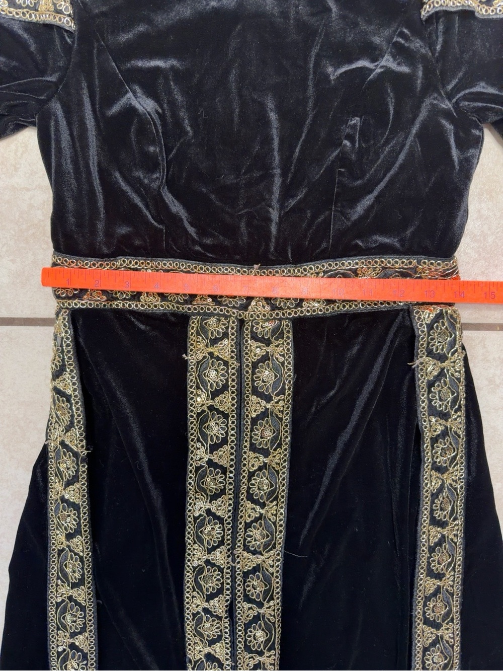 Black Velvet Maxi Dress with Gold Trim and High Collar - Picture 7 of 9